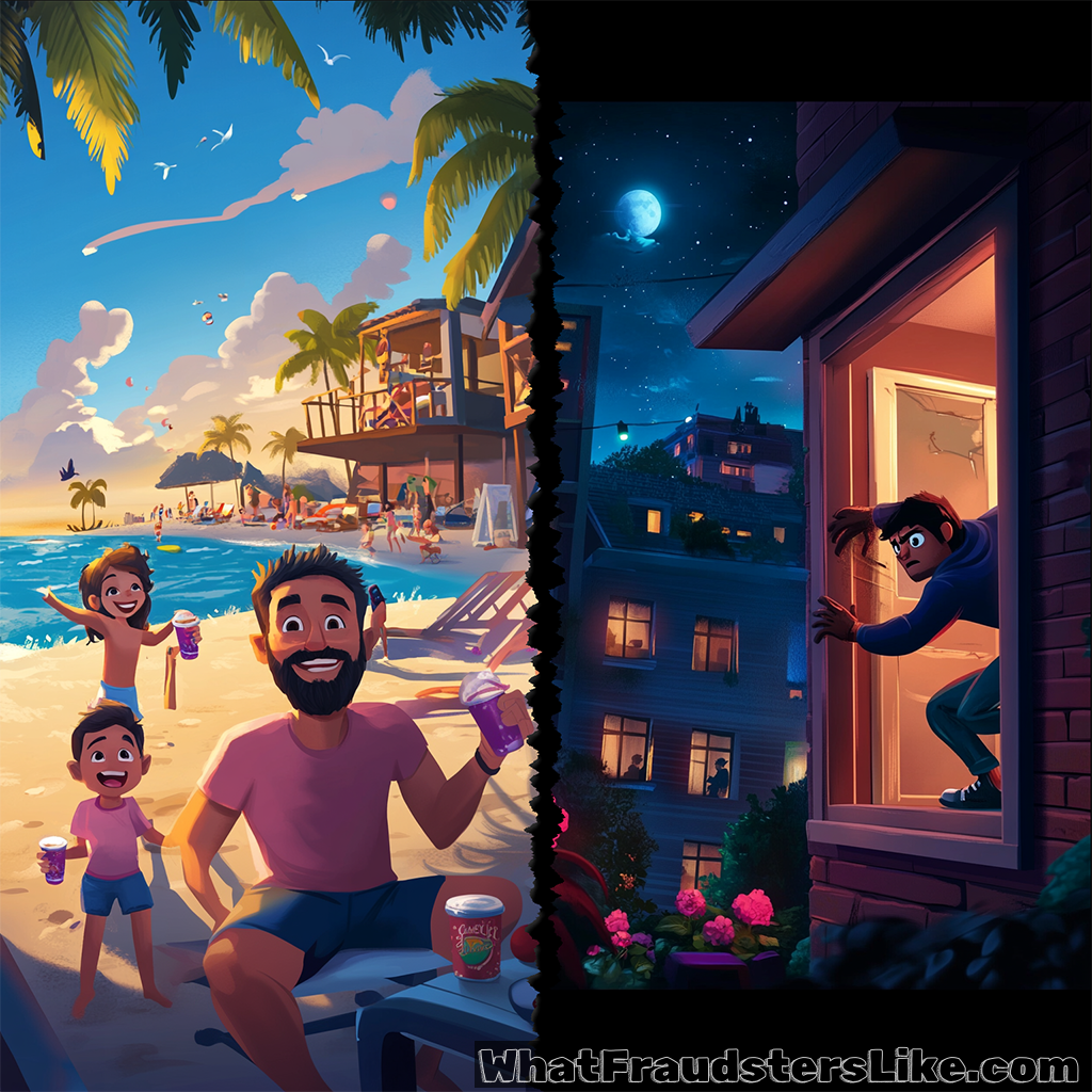 The image is split vertically: the left side depicts a cheerful family on a bright, sunny beach enjoying drinks, while the right side shows a shadowy figure sneaking through a window into a dark house at night.
